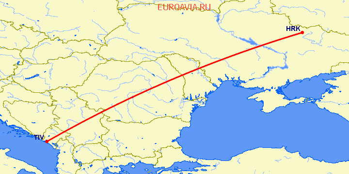 перелет Харьков — Тиват на карте