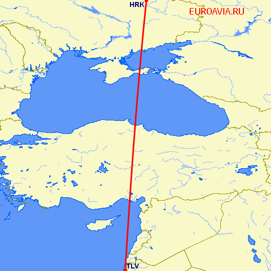 перелет Харьков — Тель Авив на карте