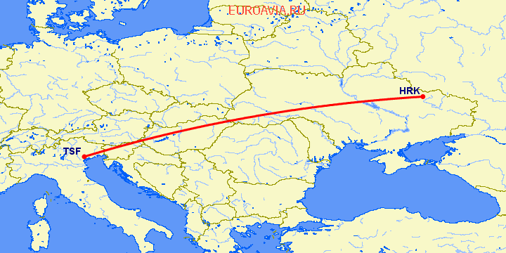 перелет Харьков — Тревисо на карте