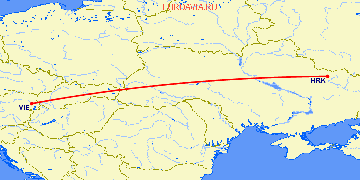 перелет Харьков — Вена на карте