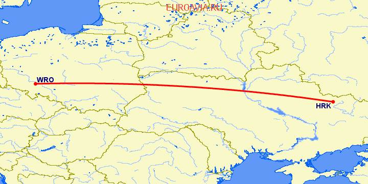 перелет Харьков — Вроцлав на карте
