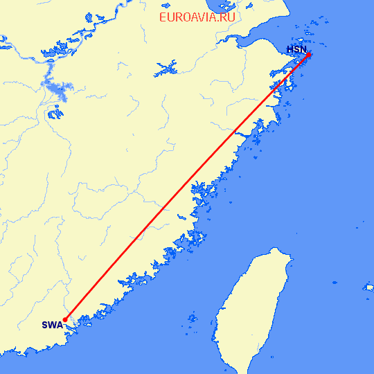 перелет Чжушань — Шаньтоу на карте