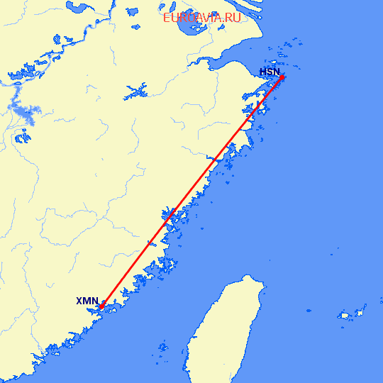 перелет Чжушань — Сямэнь на карте