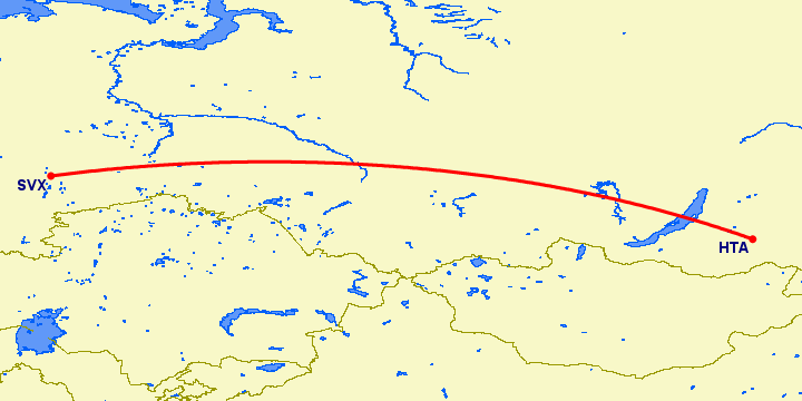 перелет Чита — Екатеринбург на карте