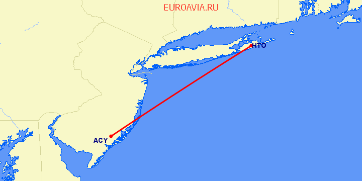 перелет East Hampton — Атлантик Сити на карте