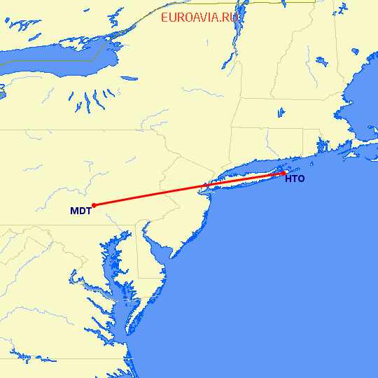 перелет East Hampton — Харрисбург на карте