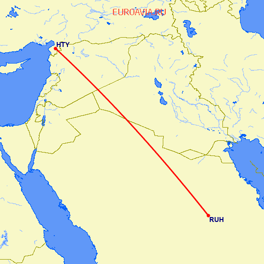 перелет Антакья — Эр Рияд на карте