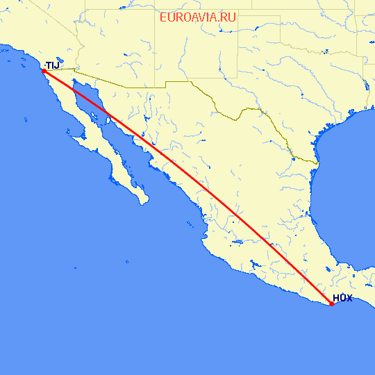 перелет Хуатулко — Тихуана на карте