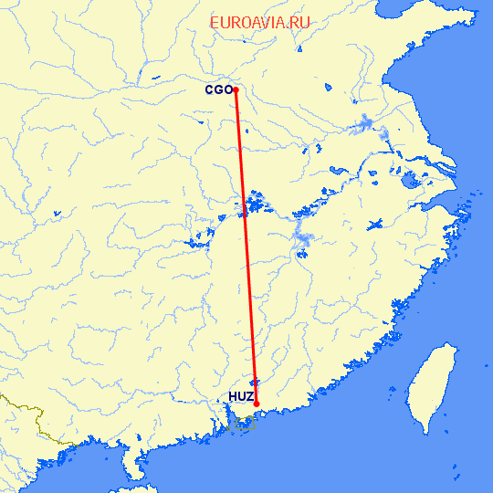 перелет Хуэйчжоу — Чженчжоу на карте
