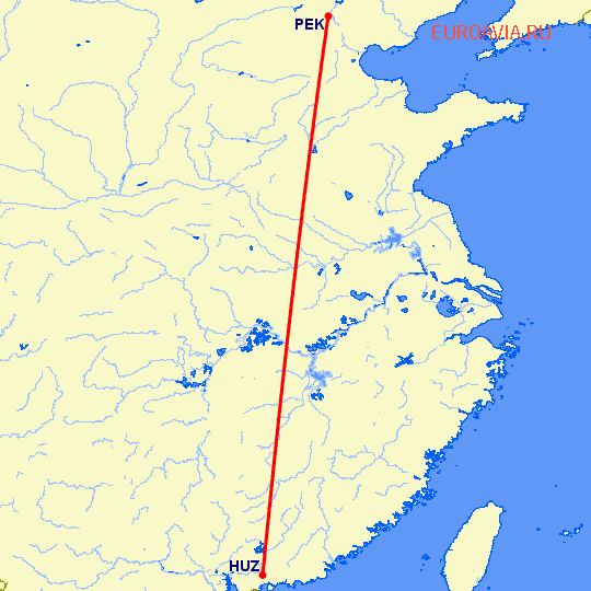 перелет Хуэйчжоу — Пекин на карте