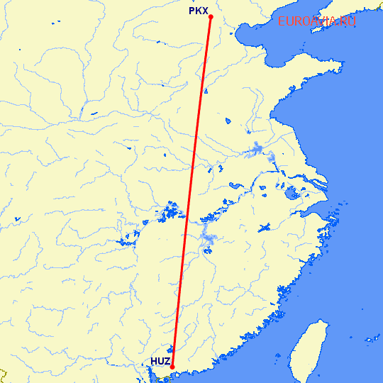 перелет Хуэйчжоу — Пекин на карте