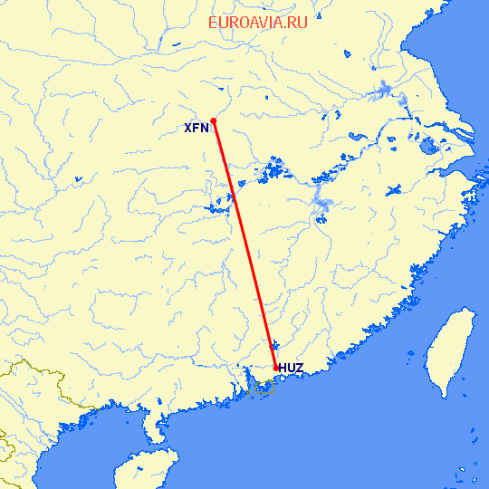 перелет Хуэйчжоу — Сянфань на карте