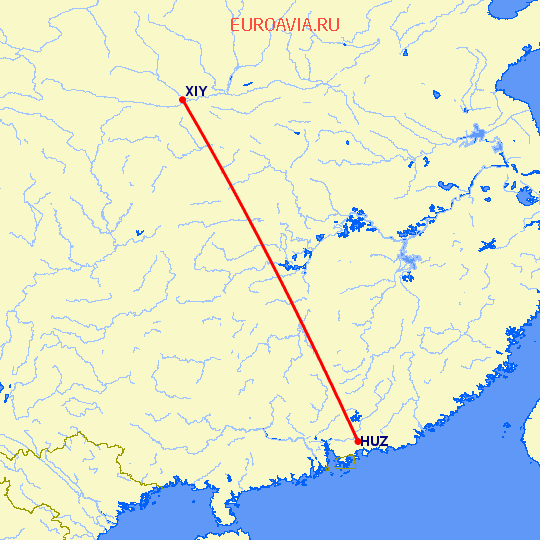 перелет Хуэйчжоу — Синьян на карте