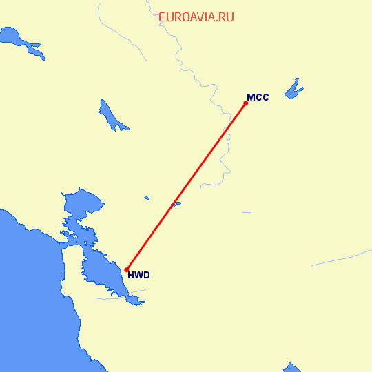 перелет Hayward — Сакраменто на карте