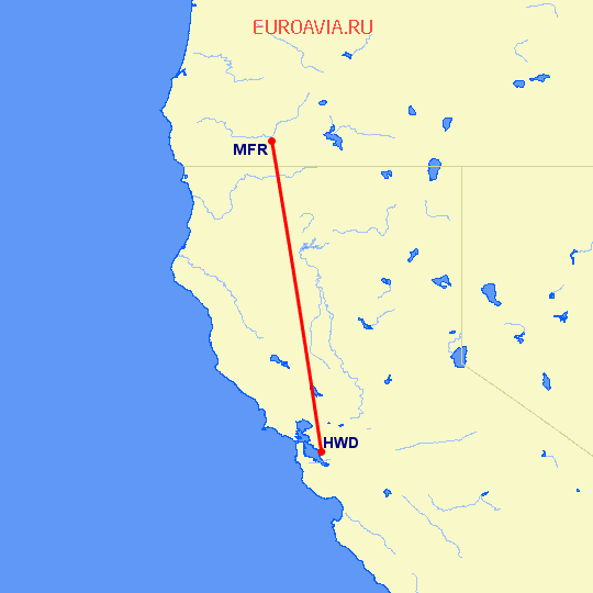 перелет Hayward — Медфорд на карте