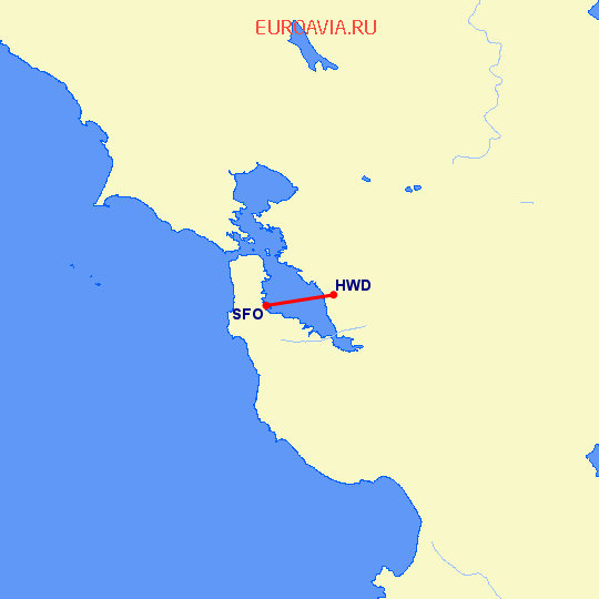 перелет Hayward — Сан Франциско на карте