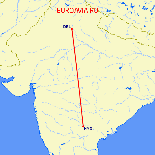 перелет Хидерабад — Нью Дели на карте