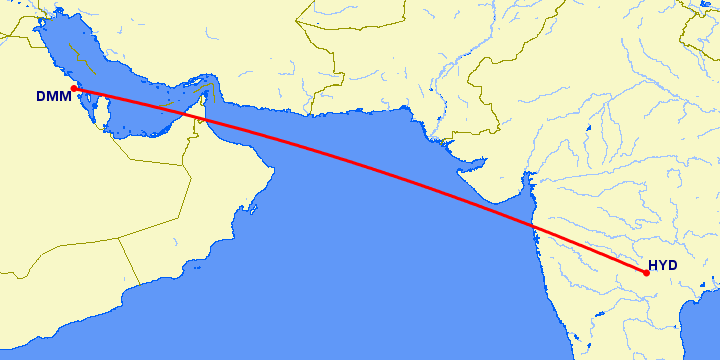 перелет Хидерабад — Даммам на карте