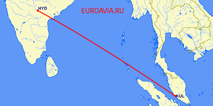перелет Хидерабад — Куала Лумпур на карте
