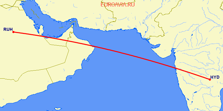 перелет Хидерабад — Эр Рияд на карте