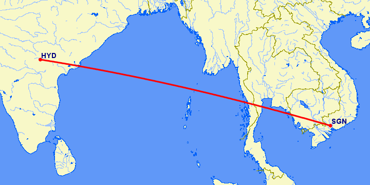 перелет Хидерабад — Хошимин на карте