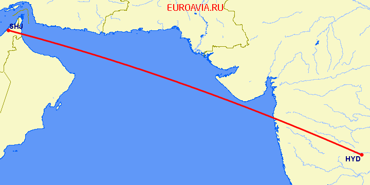 перелет Хидерабад — Шарджа на карте