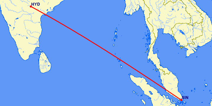 перелет Хидерабад — Сингапур на карте