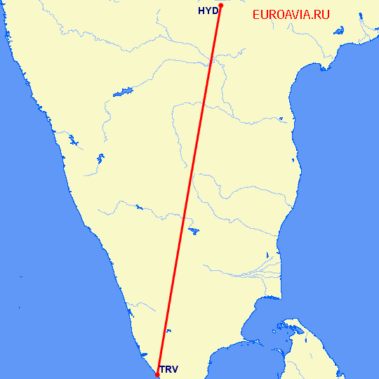 перелет Хидерабад — Тривандрум на карте