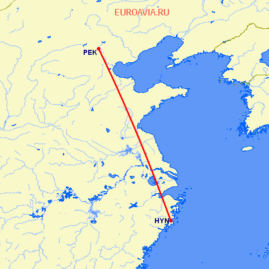 перелет Хуанань — Пекин на карте