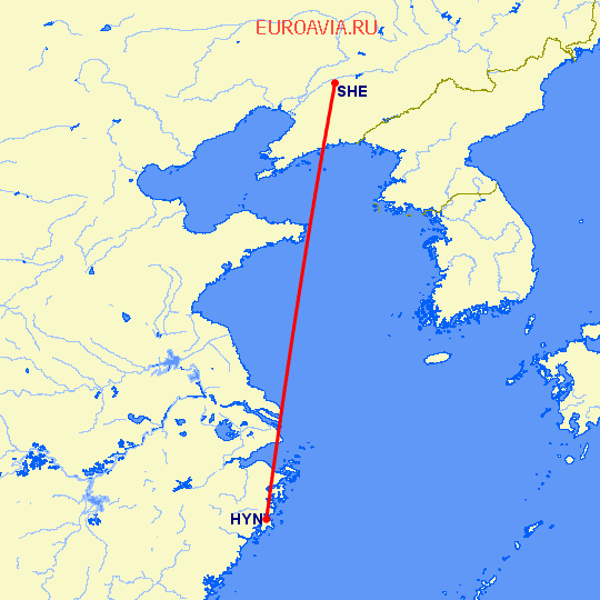 перелет Хуанань — Шеньян на карте