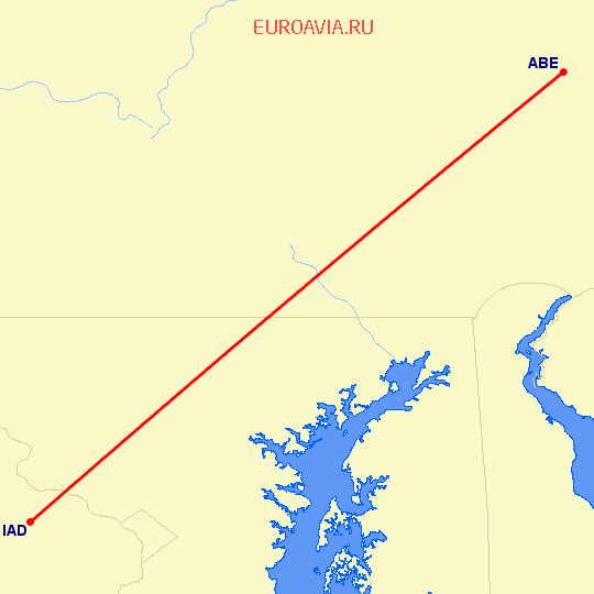 перелет Вашингтон — Аллентаун на карте