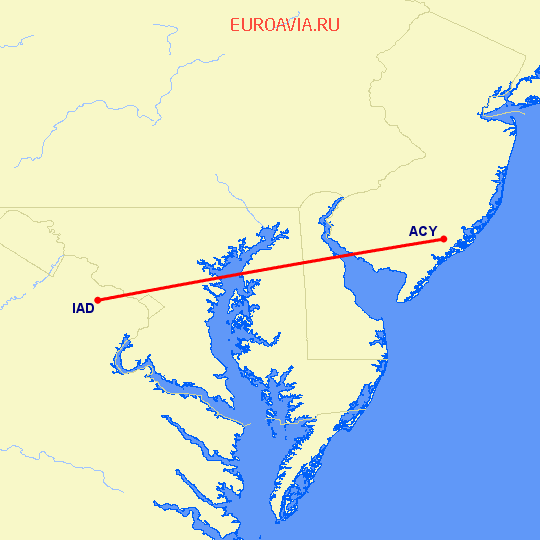перелет Вашингтон — Атлантик Сити на карте