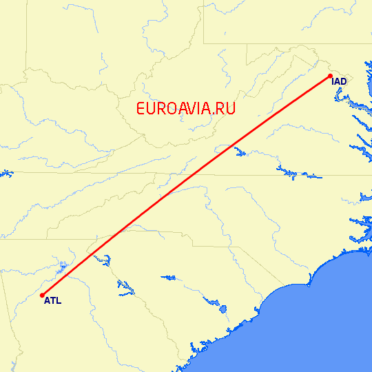 перелет Вашингтон — Атланта на карте