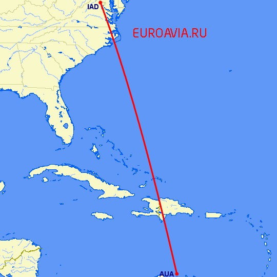 перелет Вашингтон — Aruba на карте