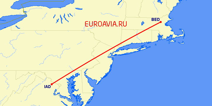 перелет Вашингтон — Bedford-Hanscom на карте