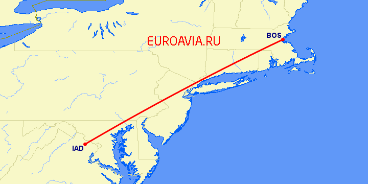 перелет Вашингтон — Бостон на карте