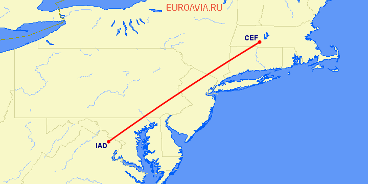 перелет Вашингтон — Springfield на карте