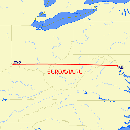 перелет Вашингтон — Кавингтон на карте