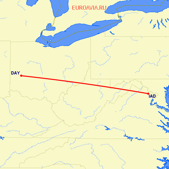 перелет Вашингтон — Дейтон на карте