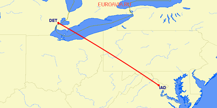 перелет Вашингтон — Детройт на карте