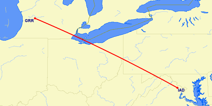 перелет Вашингтон — Гранд Рапидс на карте