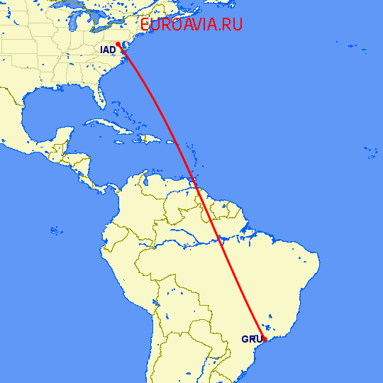 перелет Вашингтон — Сан Паулу на карте