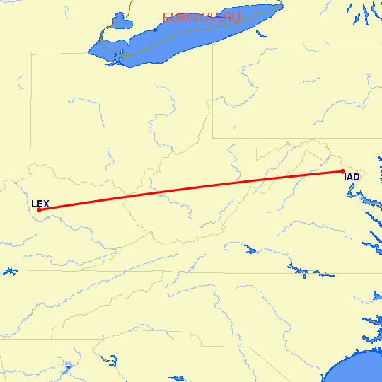 перелет Вашингтон — Lexington на карте