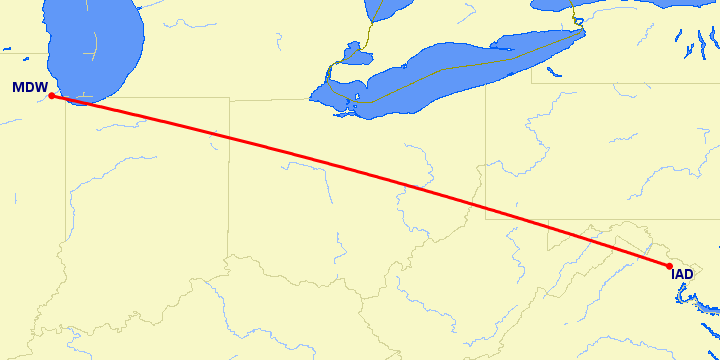 перелет Вашингтон — Чикаго на карте