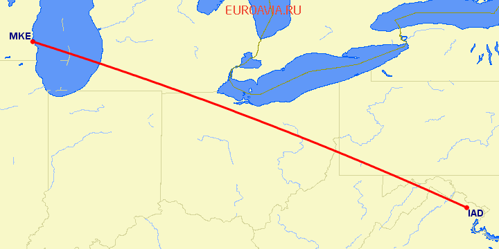перелет Вашингтон — Милуоки на карте