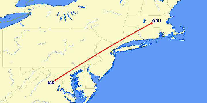 перелет Вашингтон — Worcester на карте