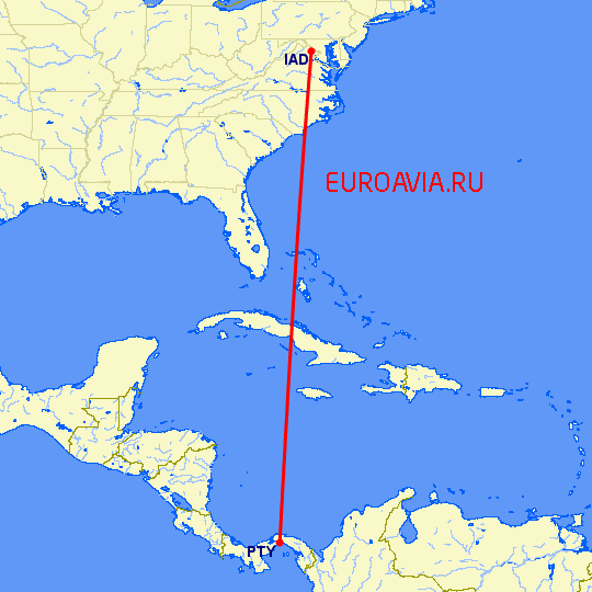 перелет Вашингтон — Панама Сити на карте