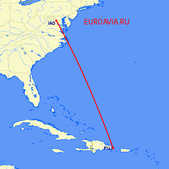 перелет Вашингтон — Пунта Кана на карте