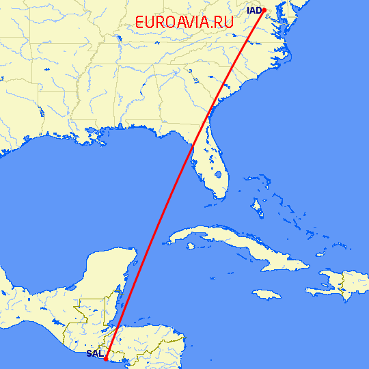 перелет Вашингтон — Сан Сальвадор на карте