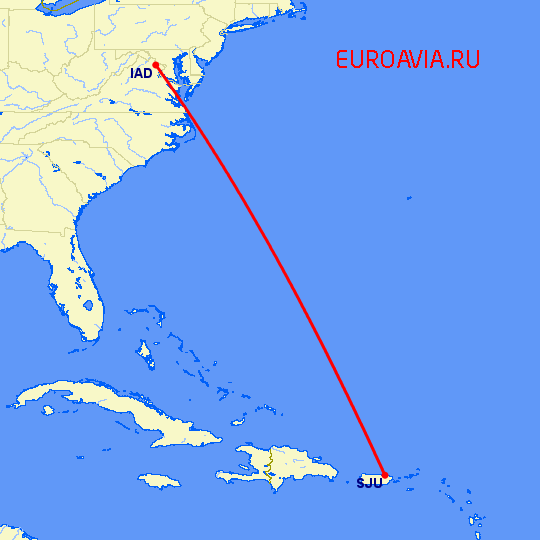 перелет Вашингтон — Сан Хуан на карте